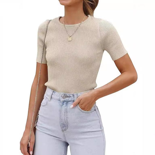 Top Hot Girl Autumn Short Sleeve Slim Round Neck Rib Milk Silk T-shirt For Women