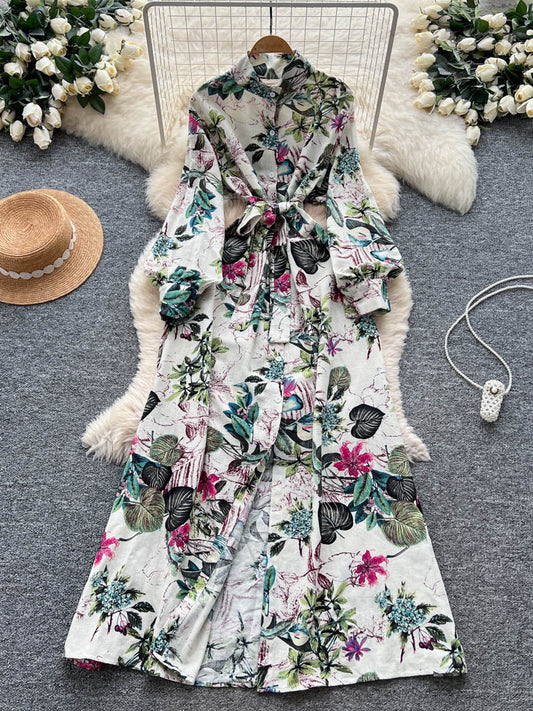 Fransk-inspireret retro elegant enkelttradet blomstret kjole med snøre i taljen til kvinder