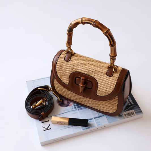 Luxury Genuine Leather Handbags for Women with Bamboo Handles - High-Quality Designer Bags