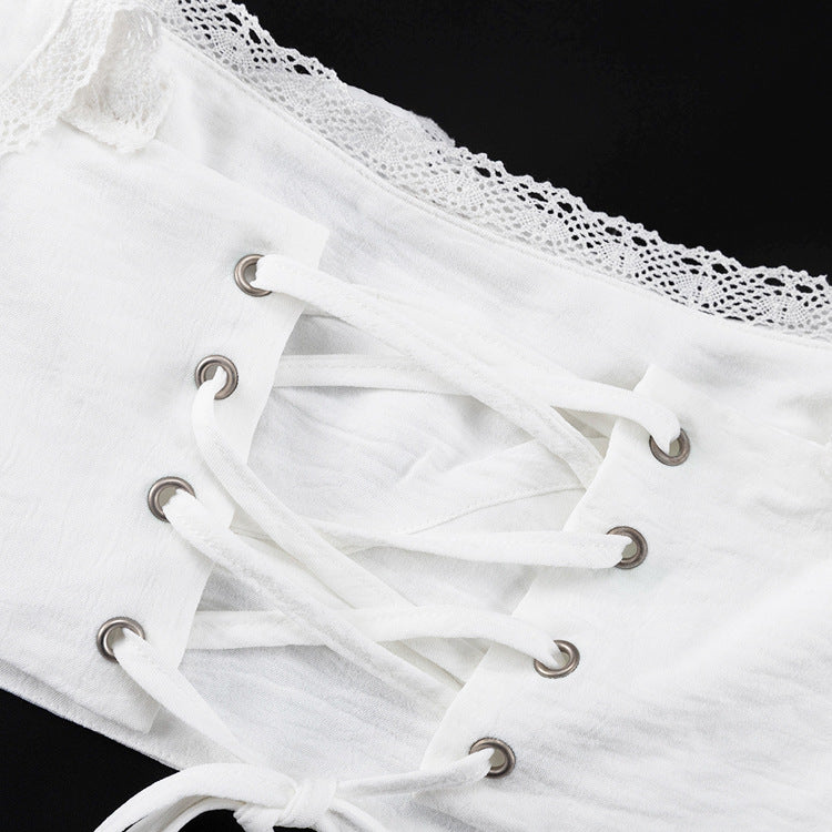 Square Neck Tie-up Lace-trimmed Crop Shirt