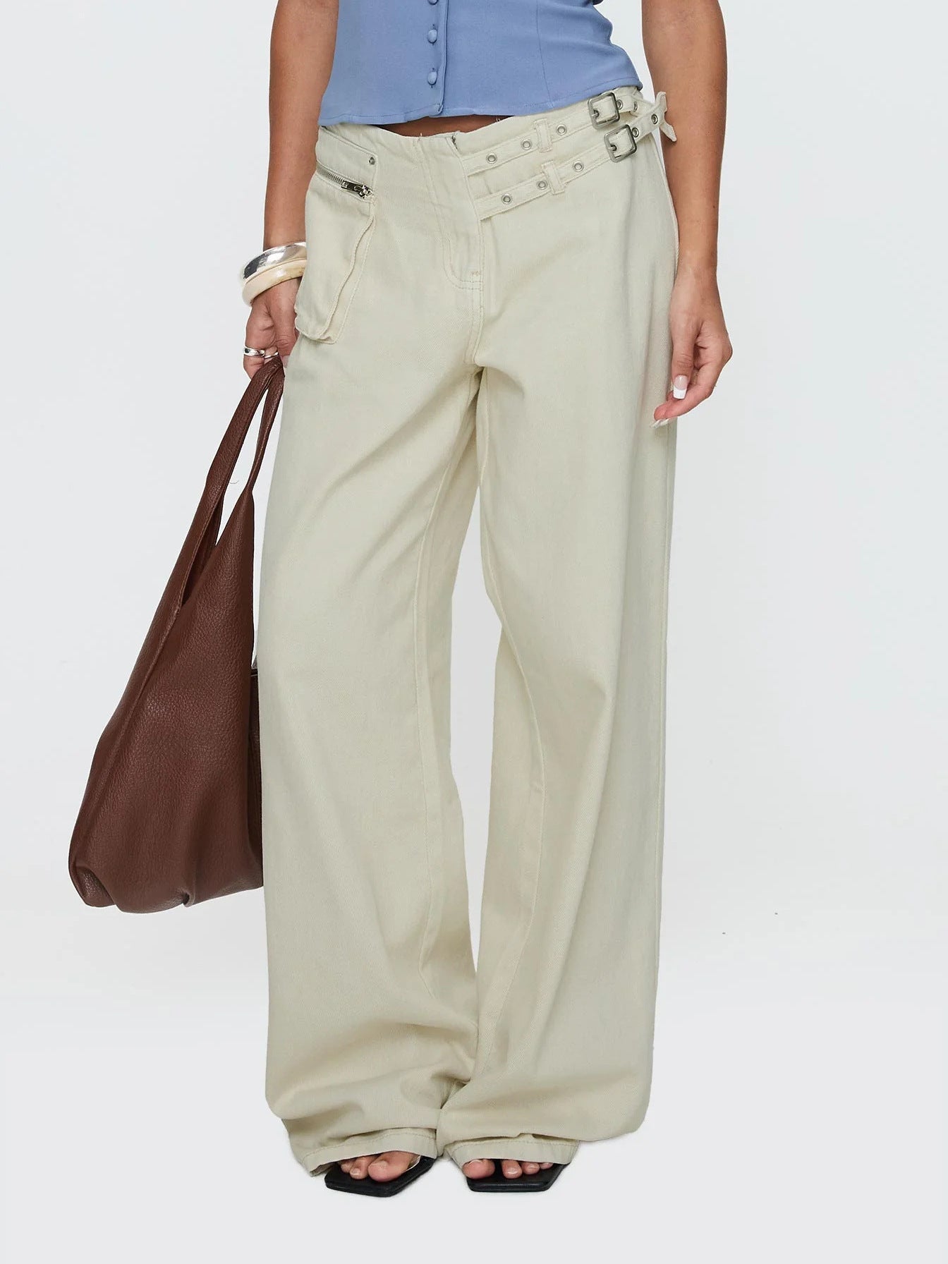 Buckle Waist Side Pocket Loose Jeans