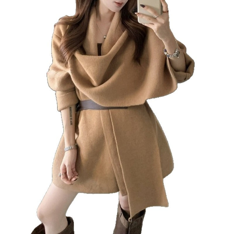 Women's Polyester Scarf Collar Knitted Cardigan Jacket Short Coat With Belt