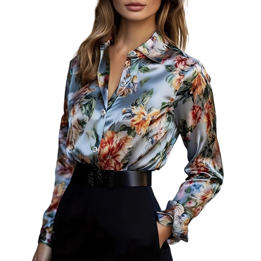Womens Floral-Print Button-Up Long-Sleeve Shirt