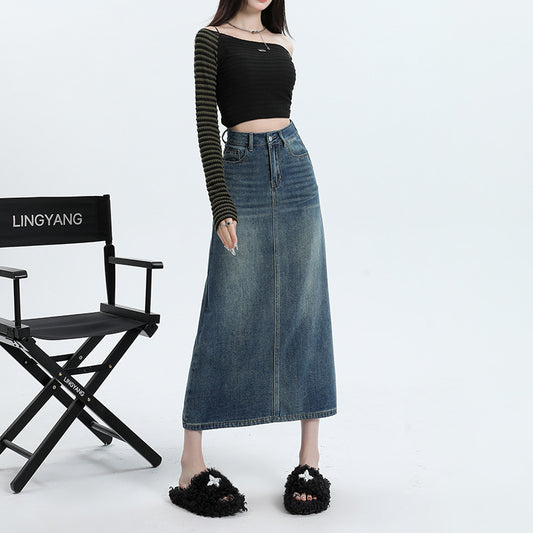 Denim Skirt Design Pocket Slit Retro Hip-wrapped Midi Skirt
