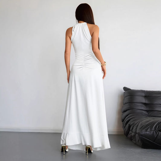 Slimming Pleated Solid-Color Womens Summer Dress