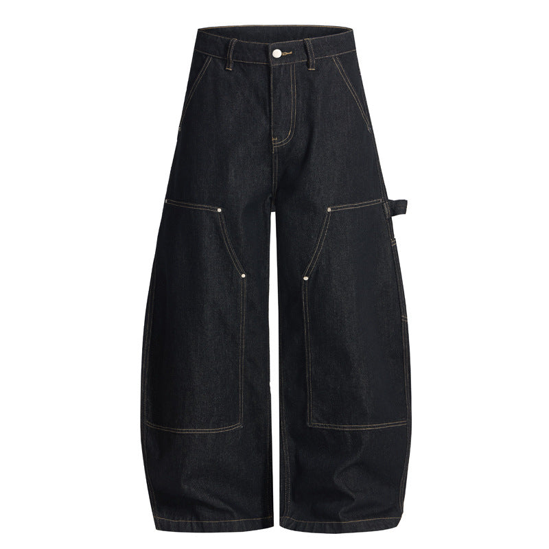 shaped Wide-leg Double-knee Raw Denim Workwear Jeans