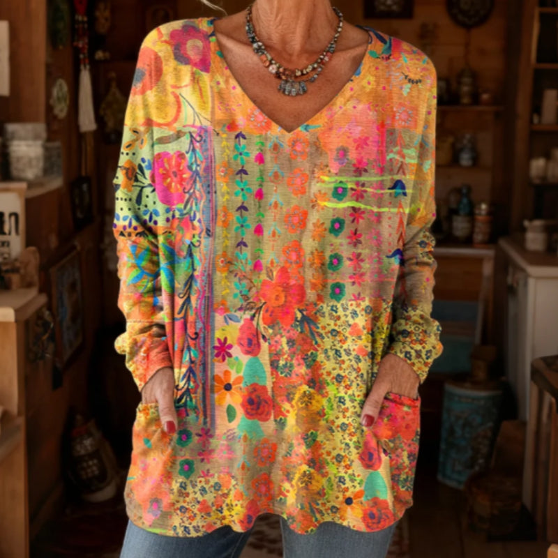 Women's Colorful Art Print Casual Long-Sleeve V-Neck T-Shirt
