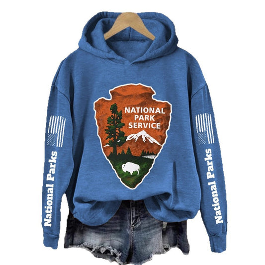 Womens Hooded Sweatshirt With A Forest And Mountain Peaks Design
