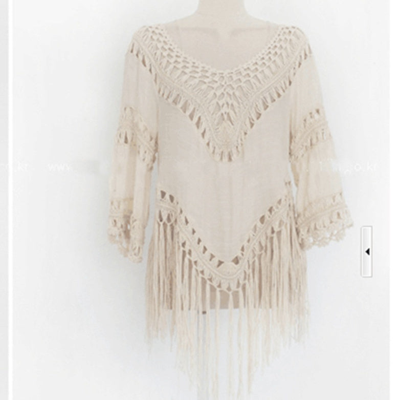 Half Sleeve Hand Crocheting Patchwork Knitting Tassel Overskirt Beach Cover-up