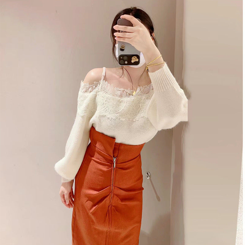 Women's Lace Off-shoulder Loose Sling Sweater