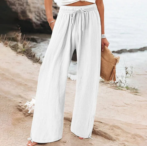 Women'S Cotton & Linen Solid Color Wide Leg Casual Pants With Pockets