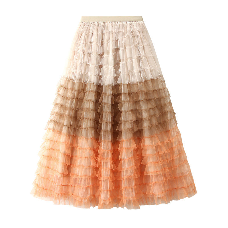 Gradient Color Net Yarn Cake Skirt Multi-level Swing