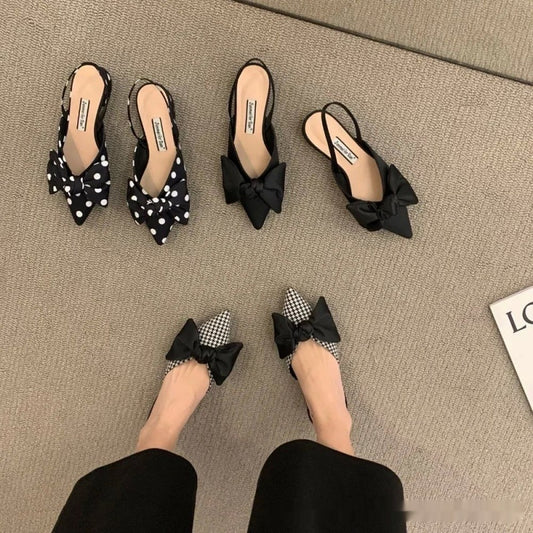 French-style Pointed-toe Bow-embellished Closed-toe Sandals For Women
