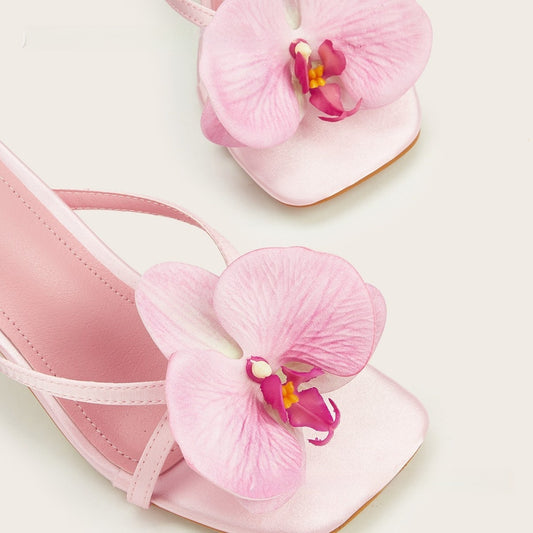 Spring And Summer Meiko Flower Decorative Flip-toe Square Toe High Heel Sandals