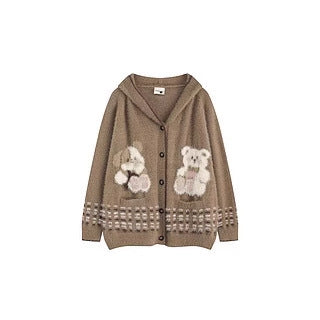 Bear Jacquard Hooded Knit Cardigan Female Loose Sweater Coat