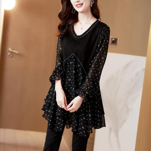 Womens Mid-Length Polka-Dot Chiffon Floral Casual Top