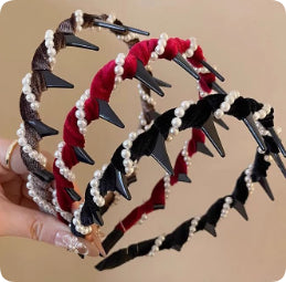 Velvet Rhinestone High Skull Top Wave Headband Female