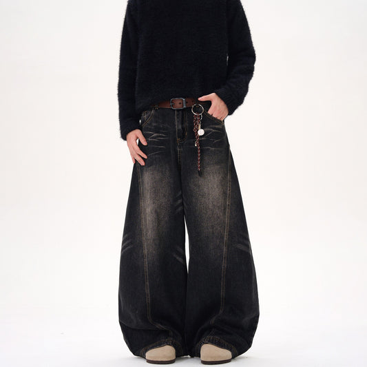 Retro Washed Cat Beard Design Black Machete Jeans