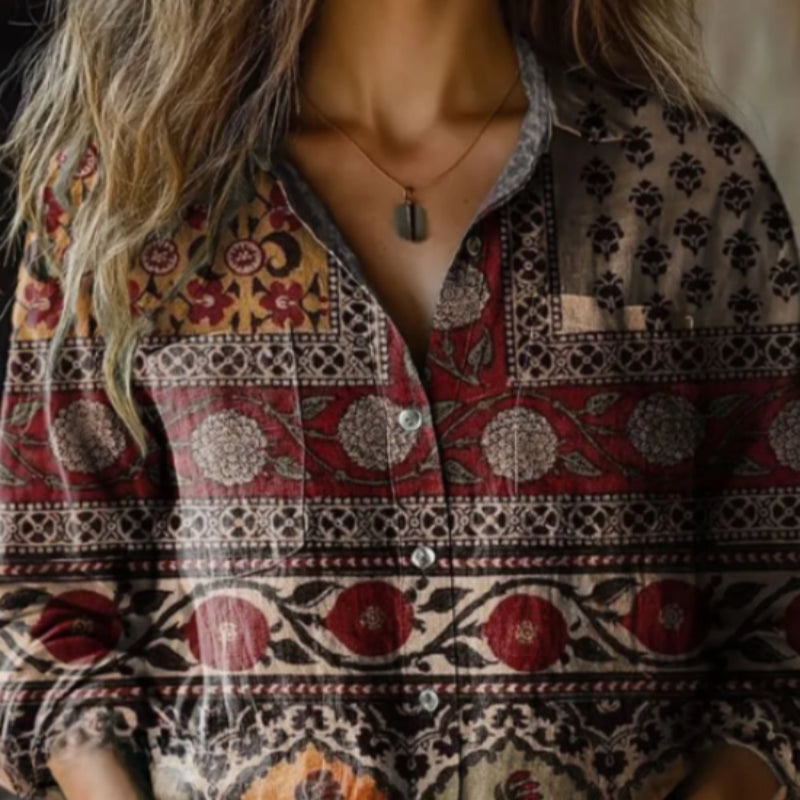 Women's Retro Pattern Print Casual Long Sleeve Cotton Shirt