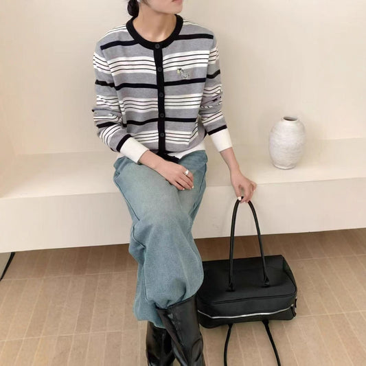 Blue Striped Embroidered Knitted Cardigan For Women