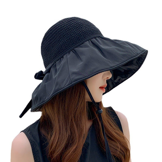 Black Glue Bow Wispy Empty Cycling Big Brim Face Sun Protection Hat