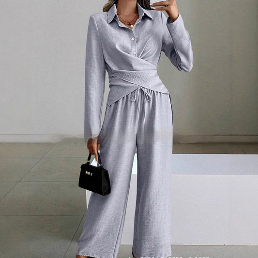 Women's Elegant Shirt Top And Wide-Leg Pants Two-Piece Set