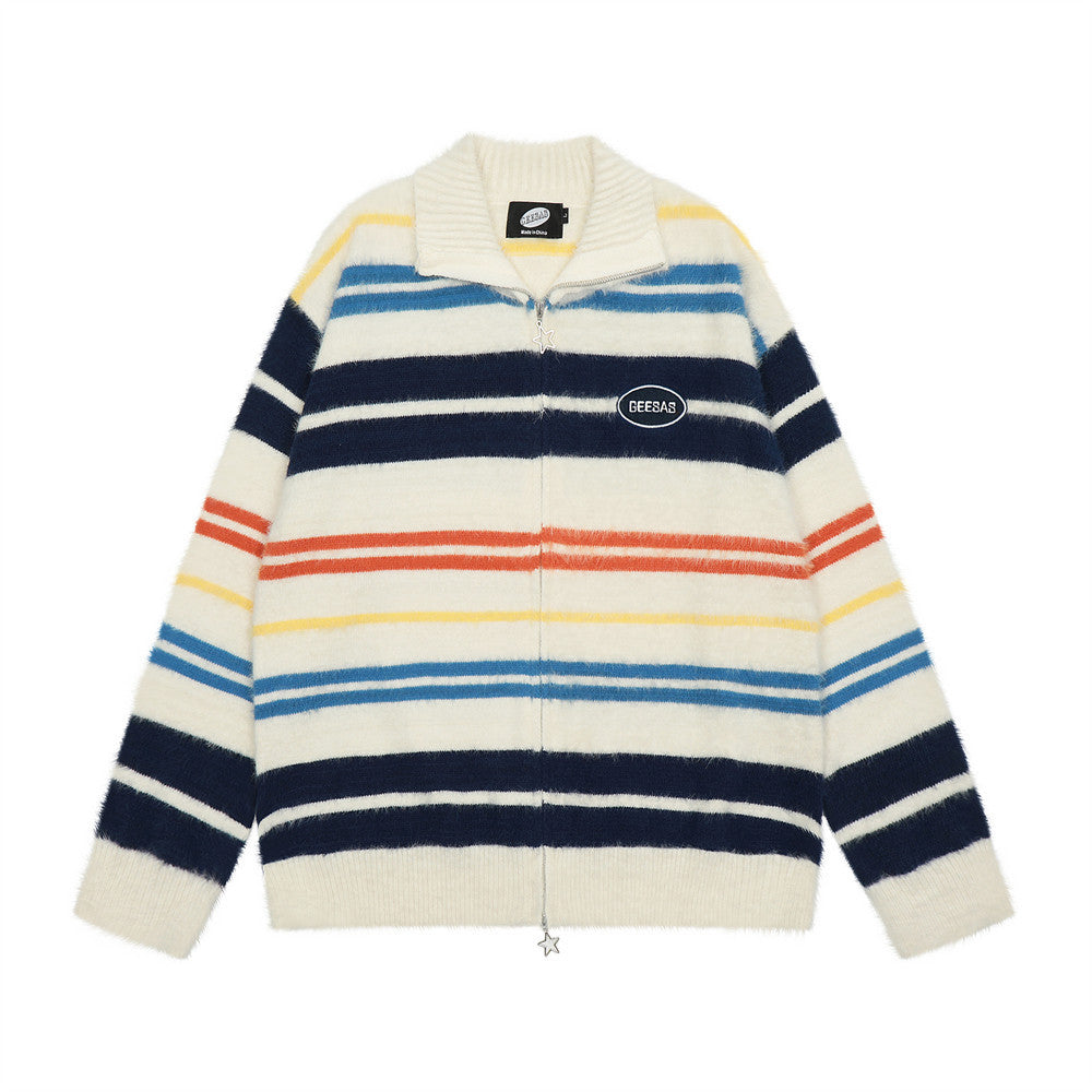 Europæisk og Amerikansk Street Trendy Stribet Strikket Cardigan Sweater