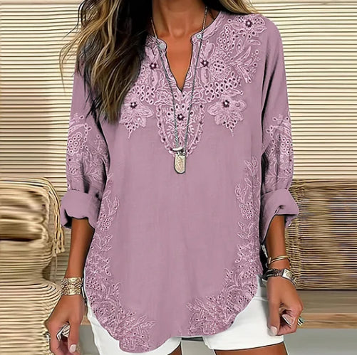 Women's Floral Lace Art Linen Print Casual Shirt