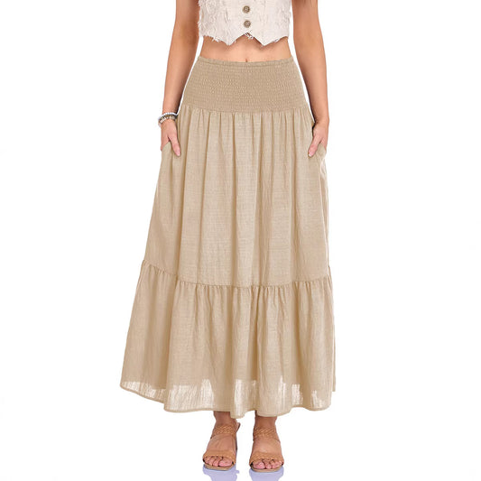 High-waisted Pleated Elastic Waist Skirt Solid Color With Pockets A-line Silhouette
