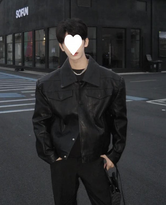 Black Cropped Leather Coat Men's Trendy PU Leather Jacket For Spring And Autumn Padded Shoulder With Large Lapel Motorcycle Clothing
