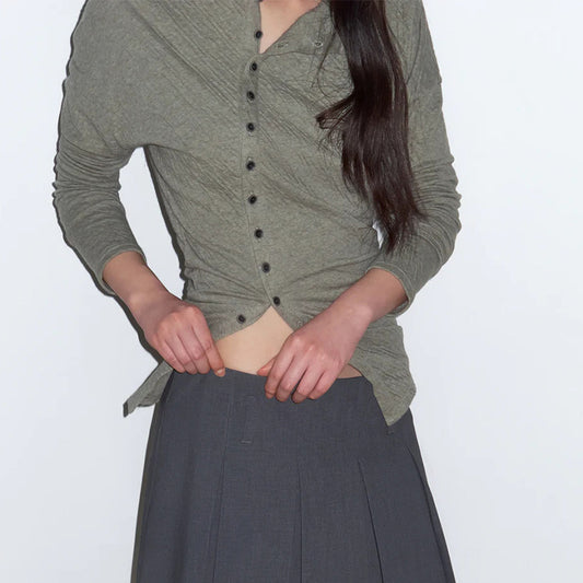 Female Solid Color Irregular-hem Fitted Long-sleeve Top