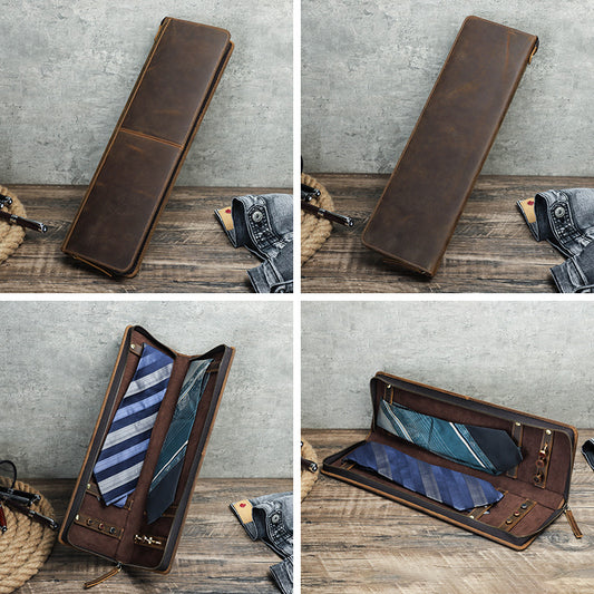 Vintage Crazy Horse Leather Men's Tie Storage Box