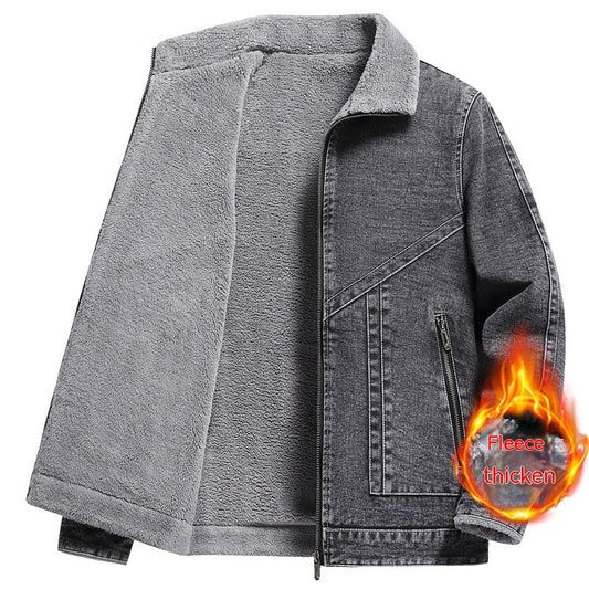 Denim Men's Fleece-lined Thickened Korean Style Lapel Youth Casual Jacket