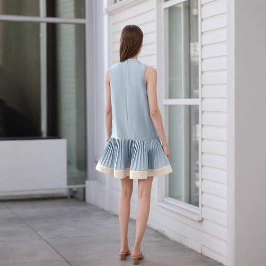 Womens Crew-Neck Vest Pleated Patchwork Sleeveless Dress