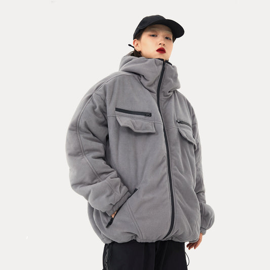 Street Tricolor Basic Drawstring Fleece Padded Jacket