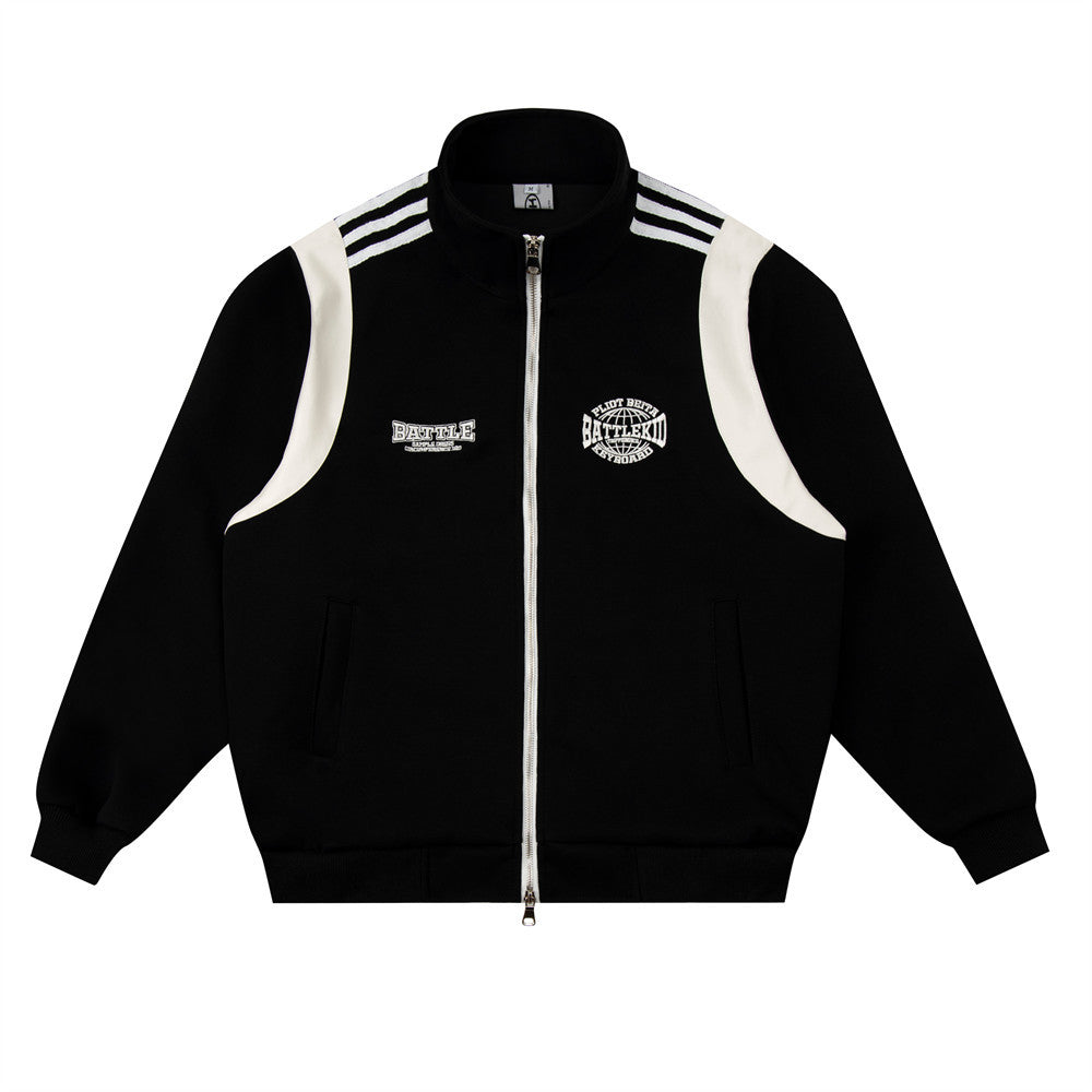 Autumn And Winter Loose Contrast Color Leather Patchwork Three-bar Jacket For Men