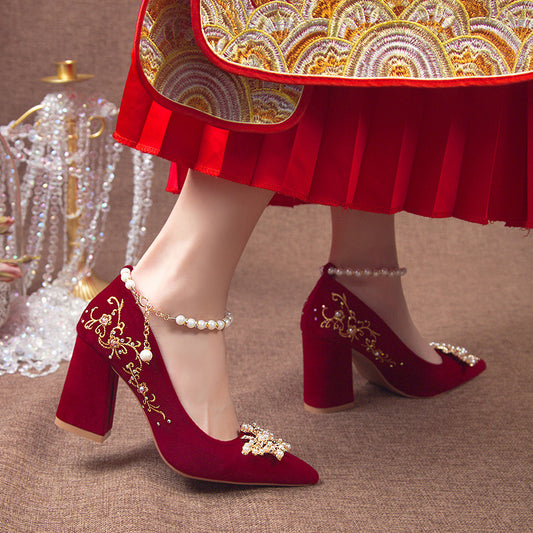 Wine Red Pointed Toe Chunky Heel Wedding Shoes For Women