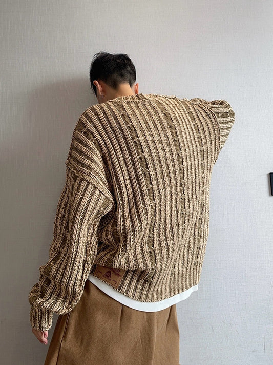 Mens AutumnWinter Retro All-Match Loose Khaki Green Cabled Double-Face Crew-Neck Distressed Thick Sweater