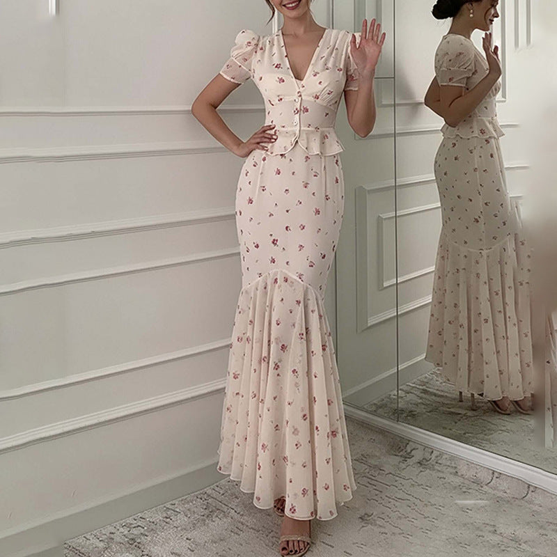 Women's Fashionable Casual Printed Short-Sleeve Long Dress Set