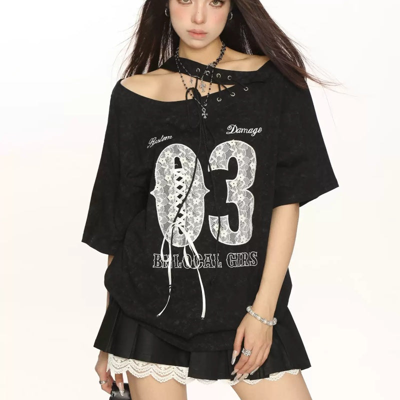 Lace Strap Shoulder Short Sleeve Slimming Off-shoulder
