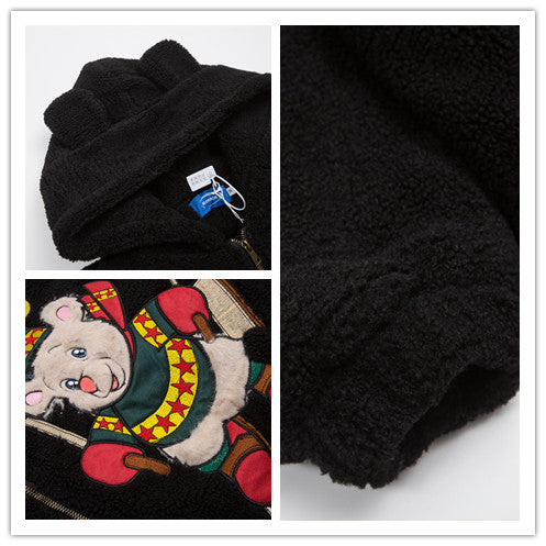 American Cute Cartoon Flocking Bear Lamb Fur Hooded Jacket