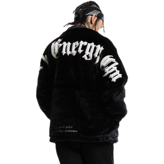 Cotton Thickened Black Loose Solid Color Zip Casual Jacket