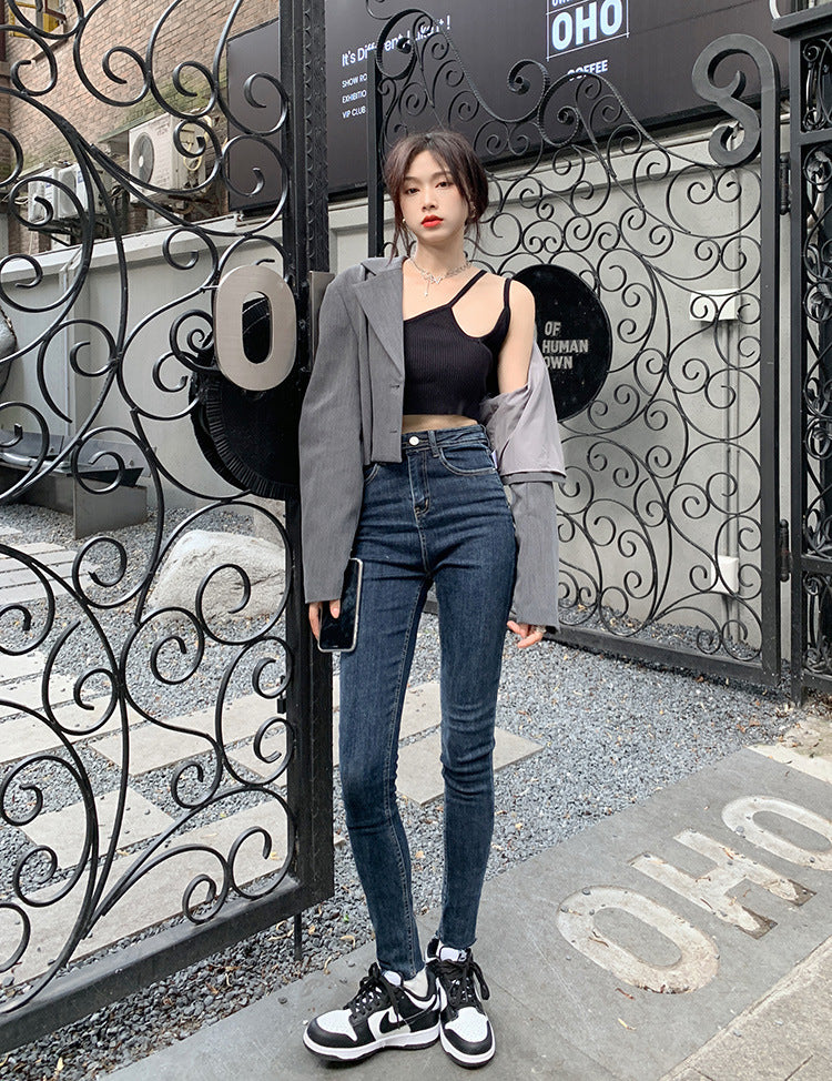 High-waist Stretch Dark Jeans Women's Trendy Two-button Trousers