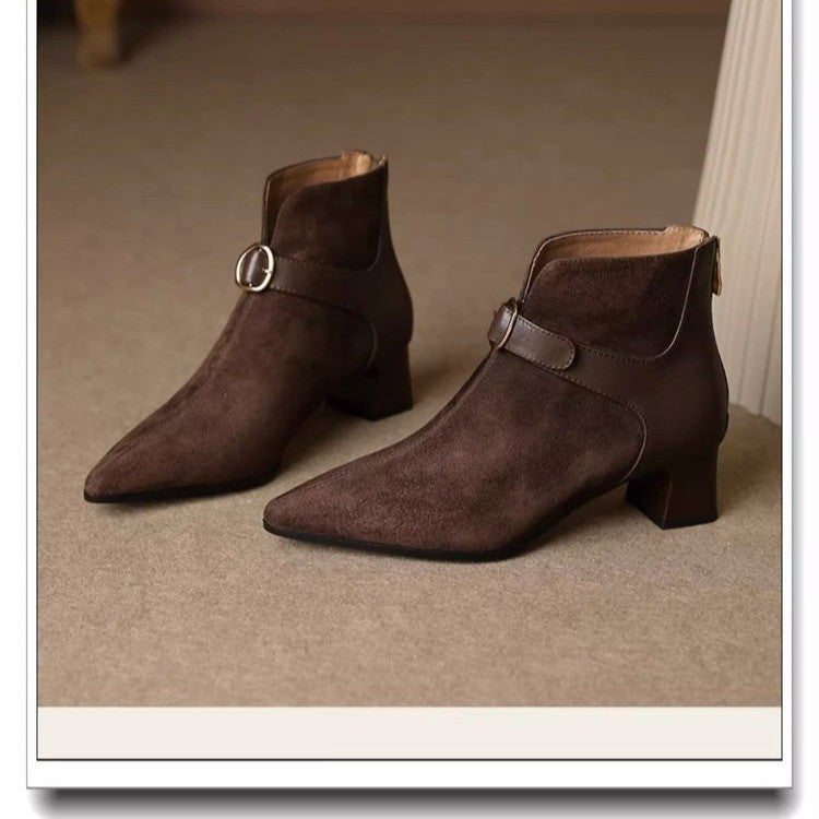 Pointed-toe Suede Belt-strap Mid-heel Ankle Boots