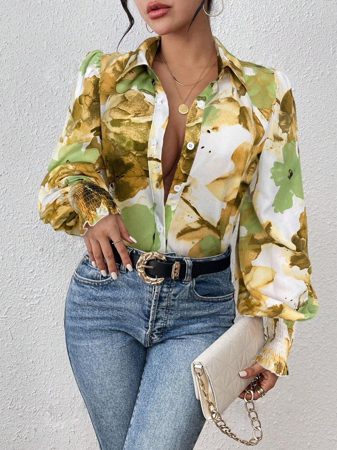 European And American Lapel Print Smocking Long Sleeve Button Loose Casual Women's Shirt
