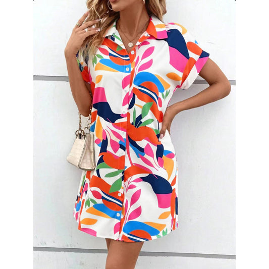 Fashionable Chic Commuter Short-Sleeve Printed Button-Up Dress For Women