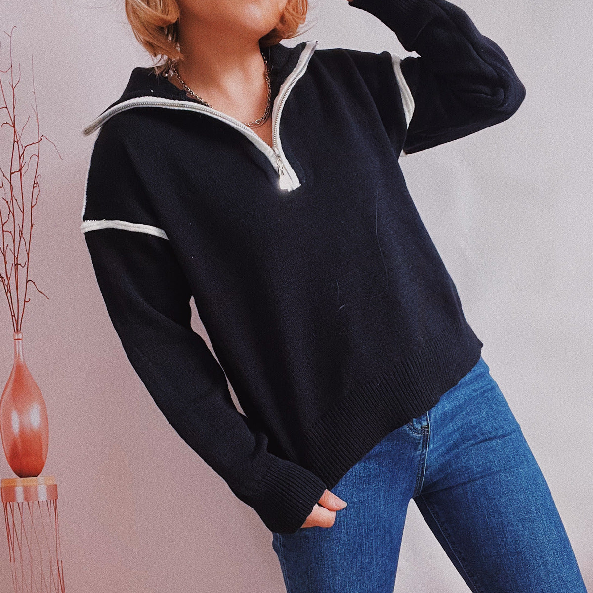 Women's Casual Knitted Zipper And Lapel Contrast Color Long Sleeves Sweater
