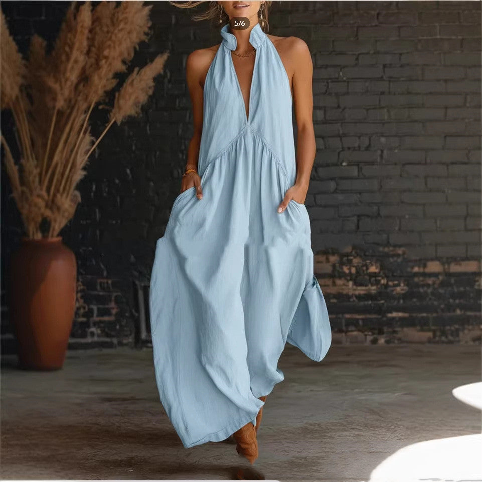 Elegant Resort-Style Mandarin-Collar Cotton-Linen Dress
