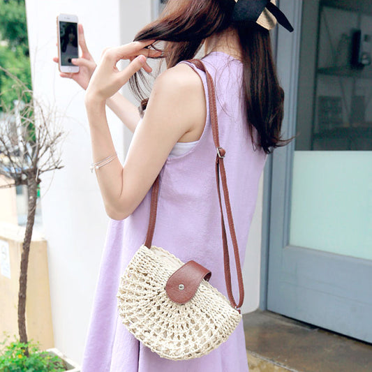Semi-circular Straw Woven Bag, One-shoulder Messenger Casual Woven Female Bag