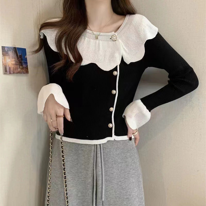 Women's French Style Temperament Contrast Color Lace Collar Sweater